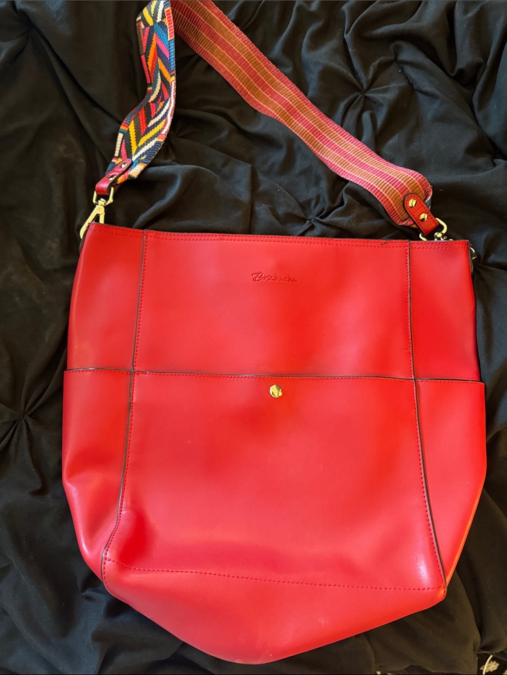 Bostanten Red Leather Shoulder Bag with Multicolor Webbed Strap